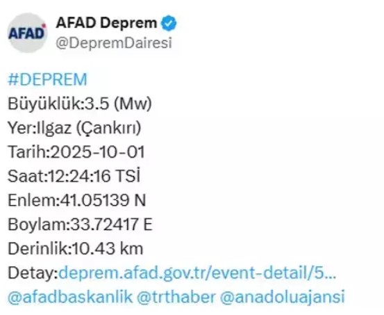 Çankırı'da 3,5 büyüklüğünde deprem...